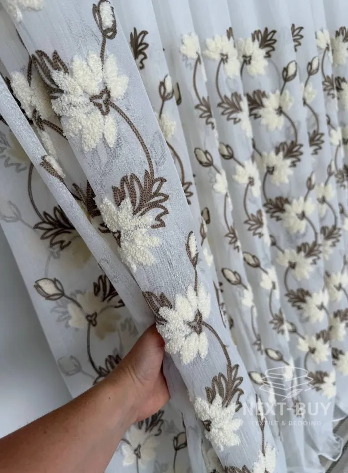 Турецький тюль з об’ємною 3D-вишивкою Brunella Ivory Bloom, білий з кремово-коричневими квітами, арт. 860 - Зображення 2