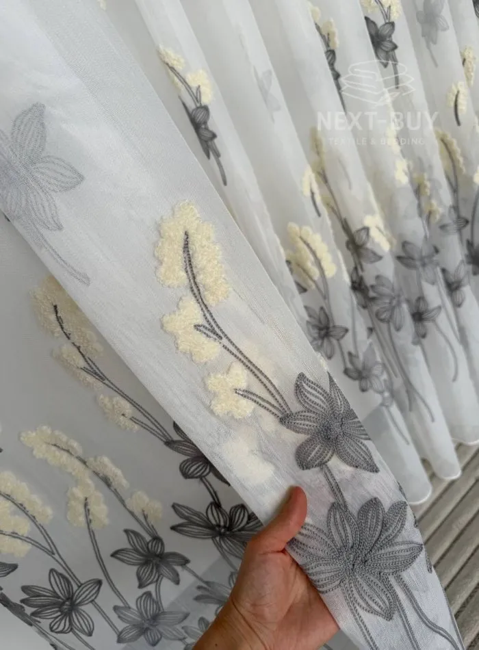Турецкий тюль креп-бамбук с объемной 3D-вышивкой Ivory Graphite Meadow, арт. 862 — изображение 9