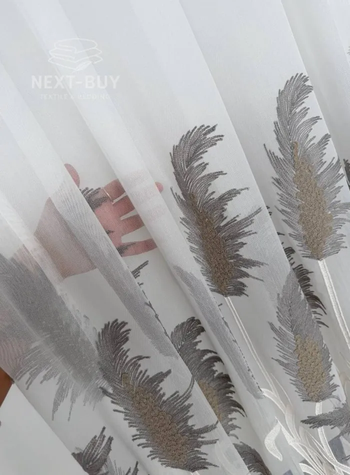 Турецький тюль креп-бамбук із вишивкою очерету Silver Feather Reed, білий, арт. 856 - Зображення 7
