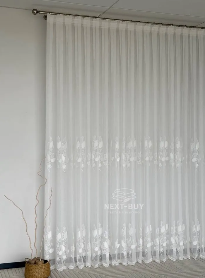 Тюль турецький білий льон із 3D-вишивкою White Leaf Bloom, висота 3 м, арт. 864 - Зображення 3