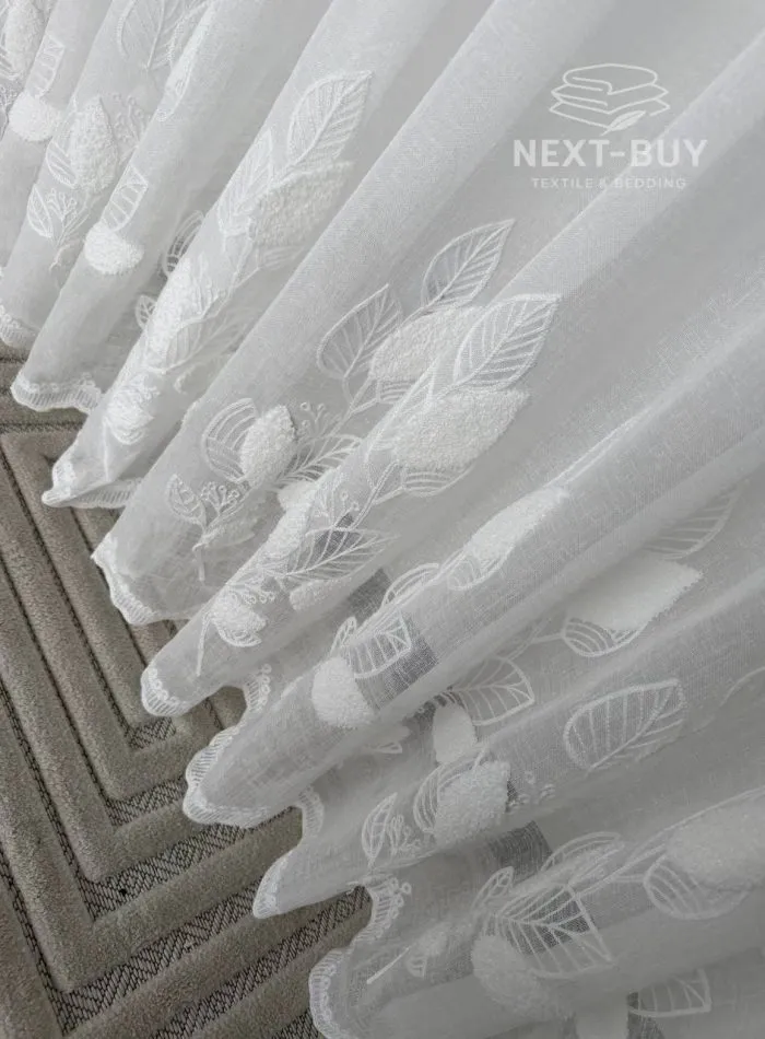 Тюль турецький білий льон із 3D-вишивкою White Leaf Bloom, висота 3 м, арт. 864 - Зображення 5