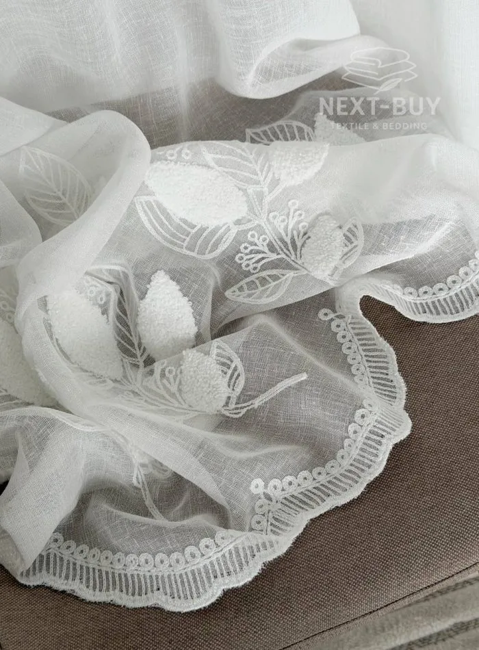 Тюль турецький білий льон із 3D-вишивкою White Leaf Bloom, висота 3 м, арт. 864 - Зображення 2