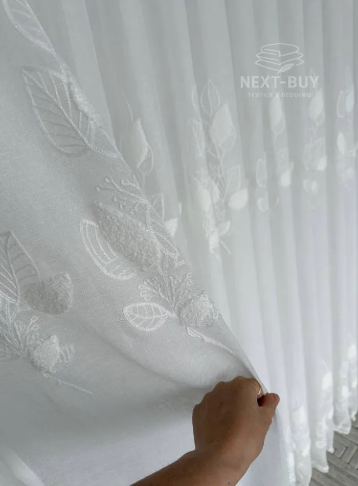 Тюль турецький білий льон із 3D-вишивкою White Leaf Bloom, висота 3 м, арт. 864 - Зображення 4