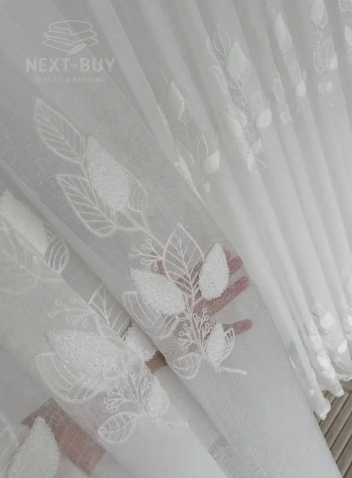 Тюль турецький білий льон із 3D-вишивкою White Leaf Bloom, висота 3 м, арт. 864 - Зображення 6