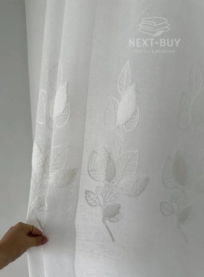 Тюль турецький білий льон із 3D-вишивкою White Leaf Bloom, висота 3 м, арт. 864 - Зображення 7