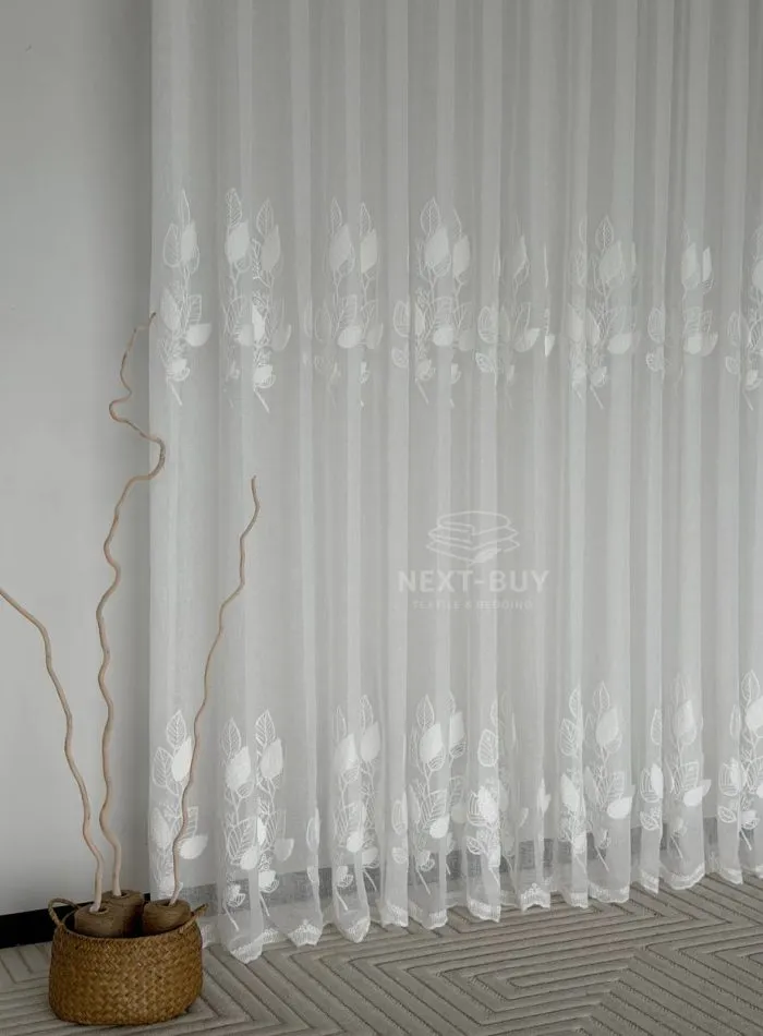 Тюль турецький білий льон із 3D-вишивкою White Leaf Bloom, висота 3 м, арт. 864 - Зображення 8