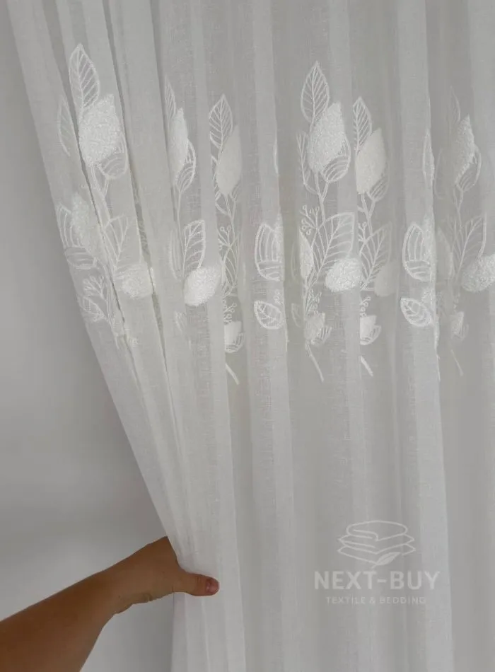 Тюль турецький білий льон із 3D-вишивкою White Leaf Bloom, висота 3 м, арт. 864 - Зображення 9