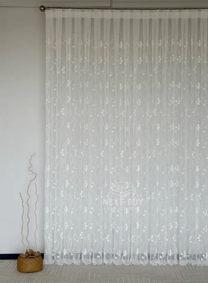 Тюль білий льон з 3D-вишивкою Velvet Crystal White Berries, , арт. 858 - Зображення 5