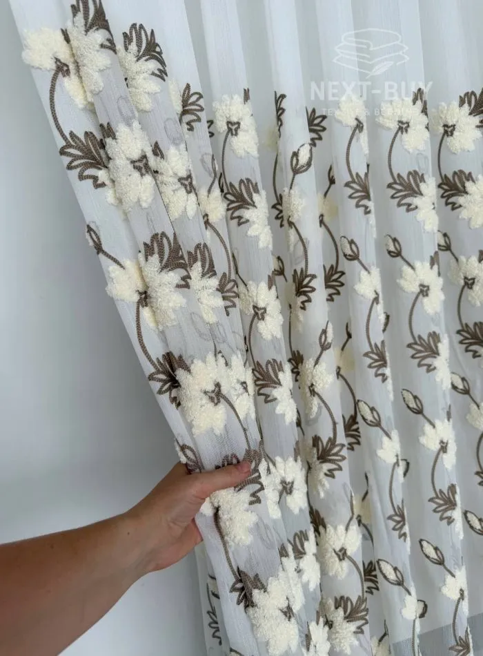Турецький тюль з об’ємною 3D-вишивкою Brunella Ivory Bloom, білий з кремово-коричневими квітами, арт. 860 - Зображення 5