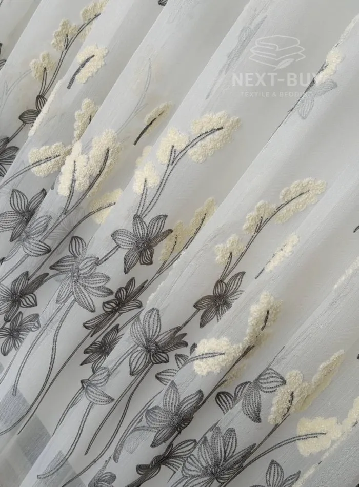 Турецкий тюль креп-бамбук с объемной 3D-вышивкой Ivory Graphite Meadow, арт. 862 — изображение 8