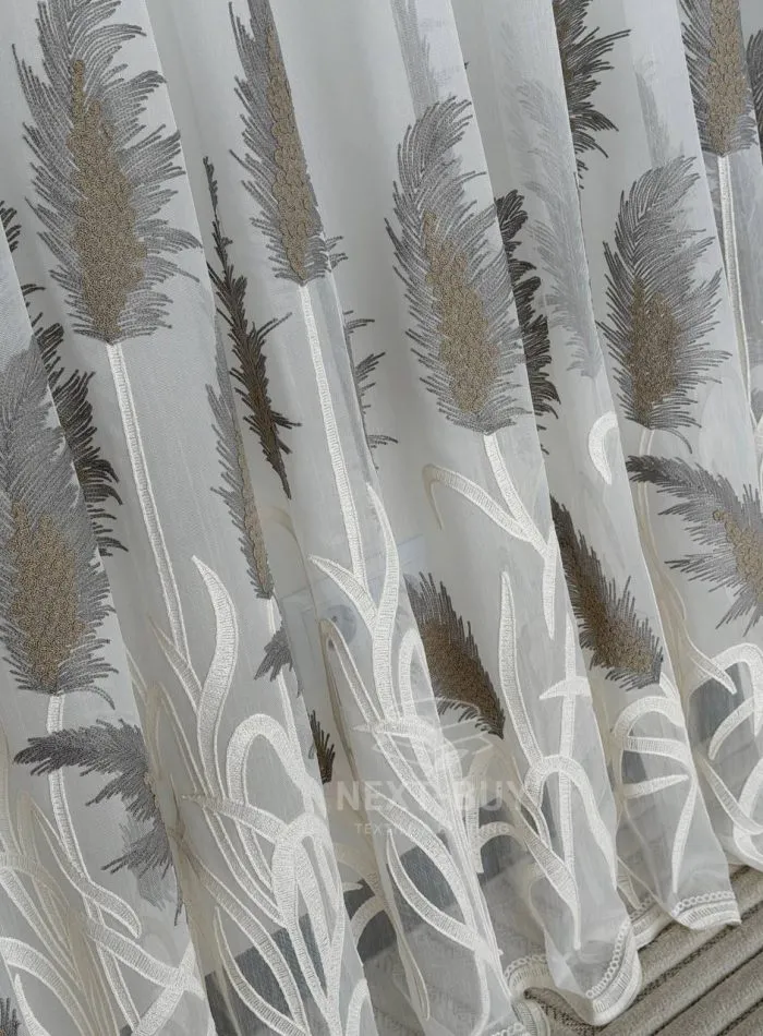 Турецький тюль креп-бамбук із вишивкою очерету Silver Feather Reed, білий, арт. 856 - Зображення 2