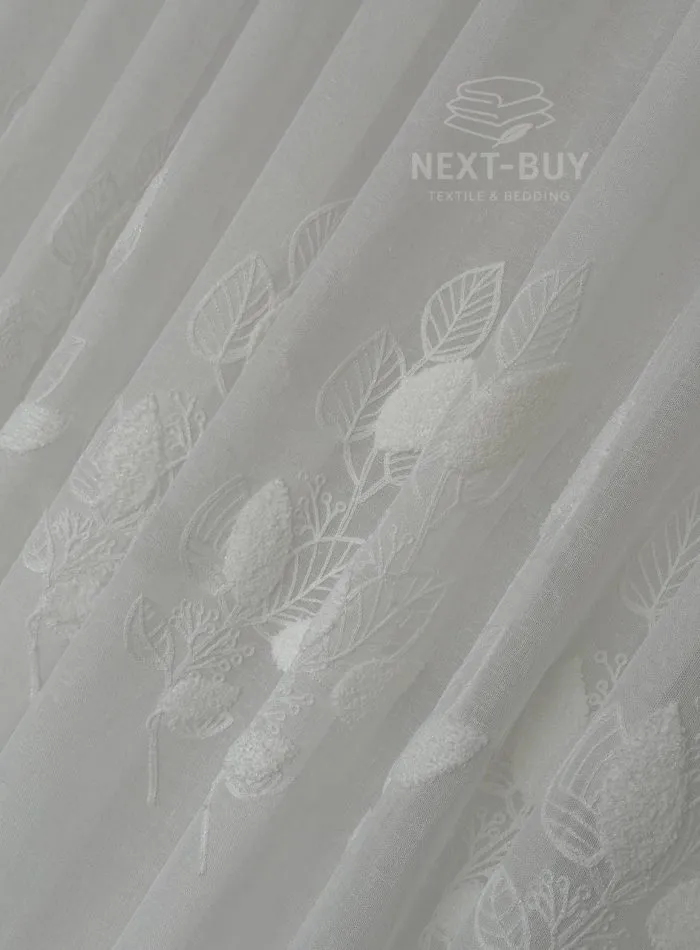 Тюль турецький білий льон із 3D-вишивкою White Leaf Bloom, висота 3 м, арт. 864 - Зображення 11