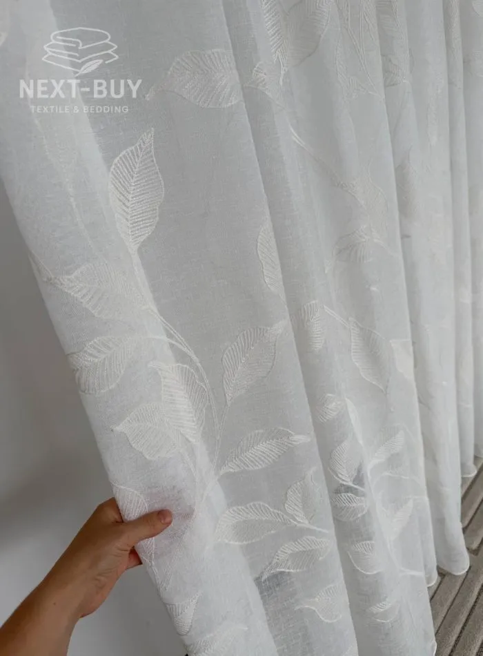 Турецький тюль-льон з вишивкою White Botanical Branch, білий, висота 3 м,  арт. 869 - Зображення 5
