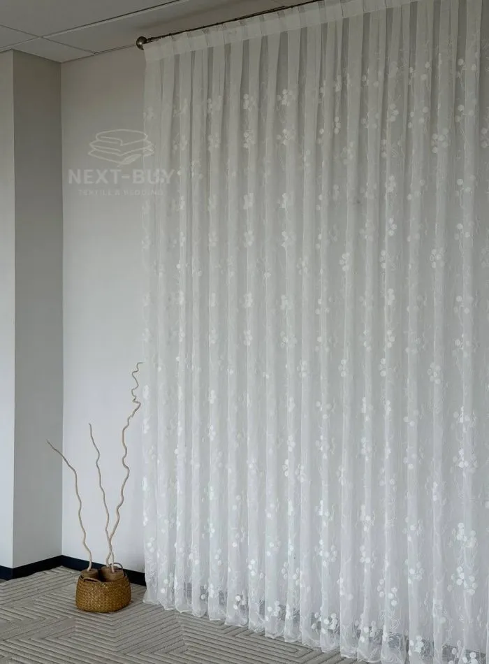 Тюль білий льон з 3D-вишивкою Velvet Crystal White Berries, , арт. 858 - Зображення 9