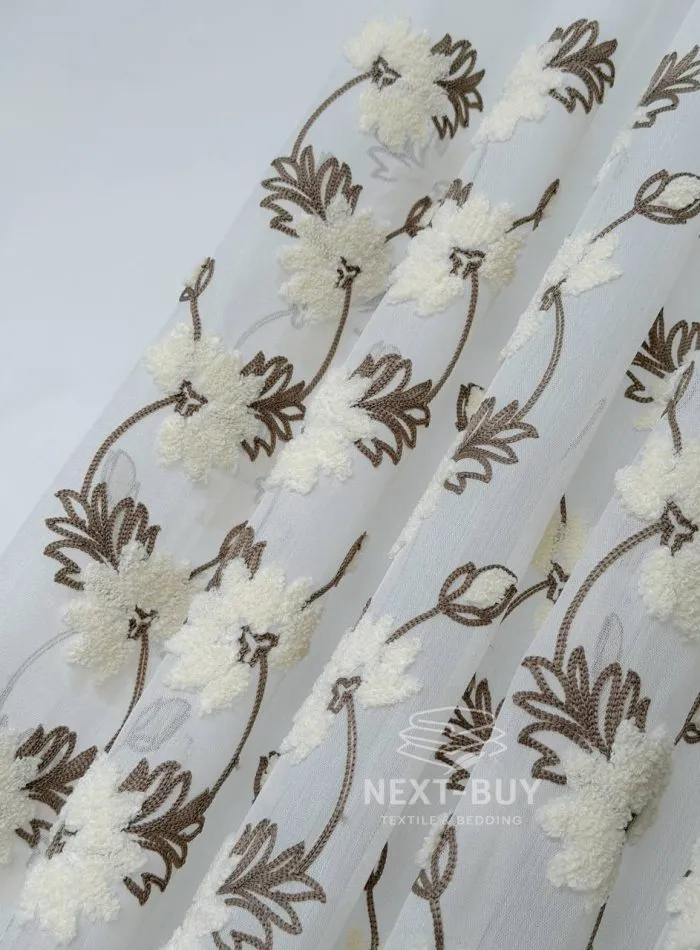 Турецький тюль з об’ємною 3D-вишивкою Brunella Ivory Bloom, білий з кремово-коричневими квітами, арт. 860 - Зображення 6