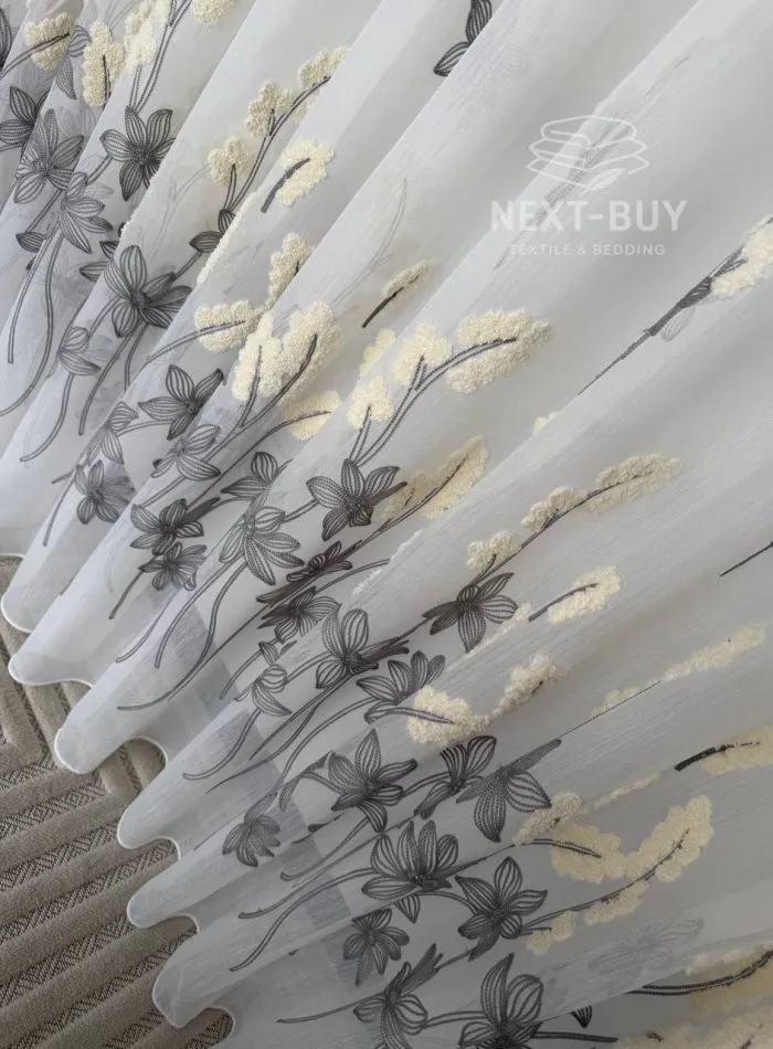 Турецкий тюль креп-бамбук с объемной 3D-вышивкой Ivory Graphite Meadow, арт. 862 — изображение 7