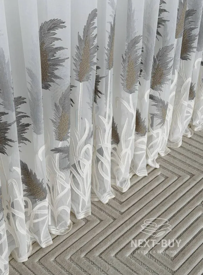 Турецький тюль креп-бамбук із вишивкою очерету Silver Feather Reed, білий, арт. 856 - Зображення 6