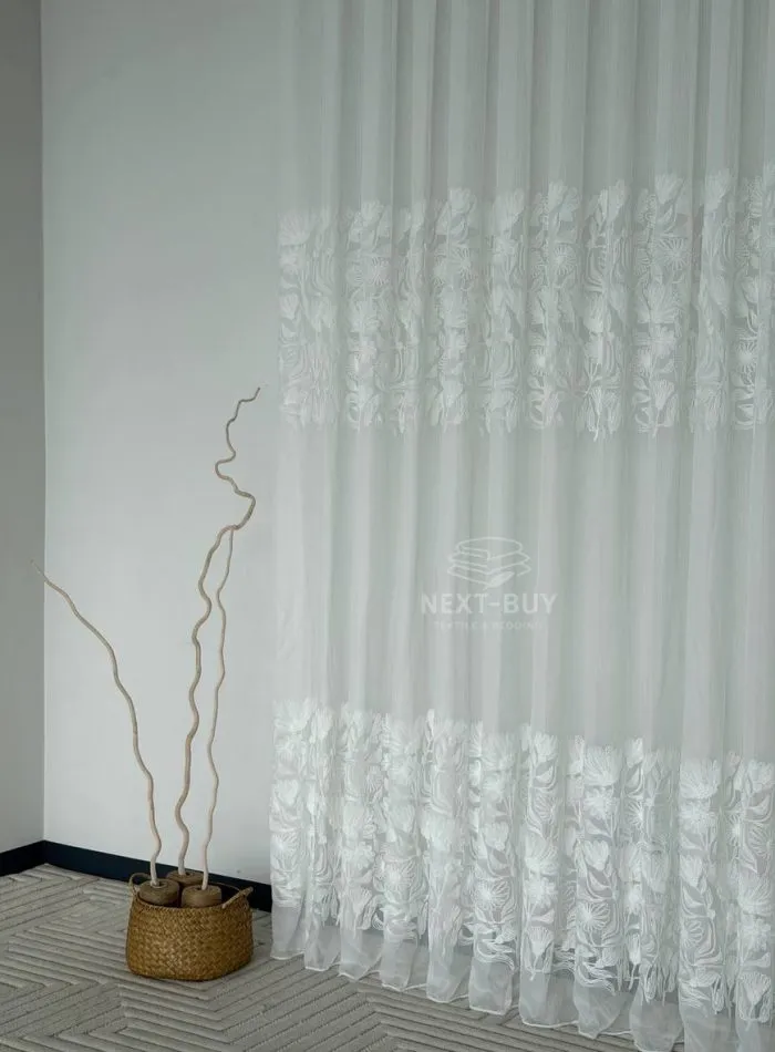 Сніжно-білий турецький тюль з 3D-вишивкою White Daisy Bloom, матовий креп-бамбук - Зображення 9