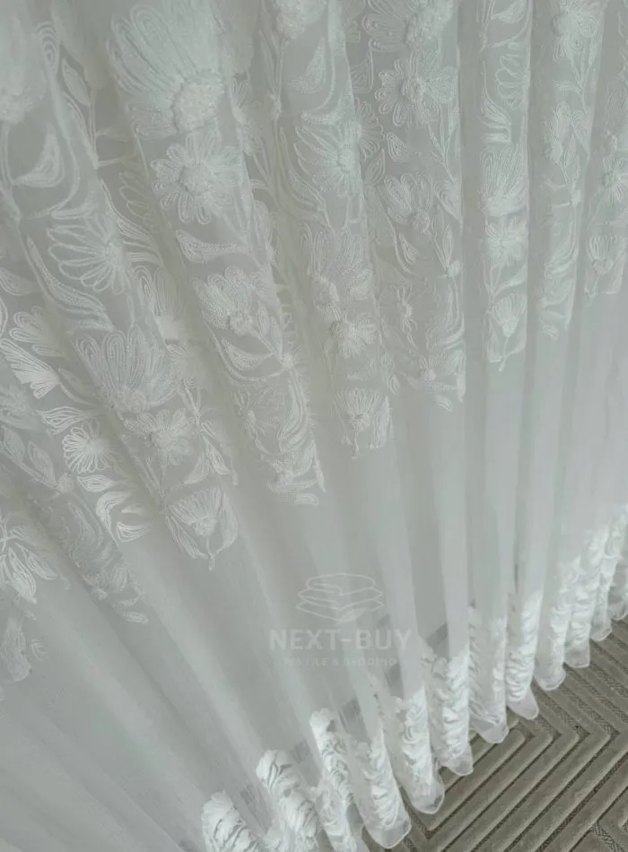 Сніжно-білий турецький тюль з 3D-вишивкою White Daisy Bloom, матовий креп-бамбук - Зображення 6