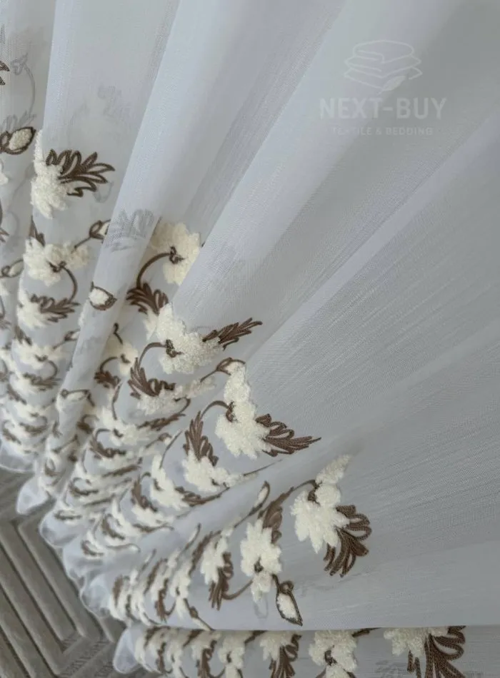 Турецький тюль з об’ємною 3D-вишивкою Brunella Ivory Bloom, білий з кремово-коричневими квітами, арт. 860 - Зображення 7