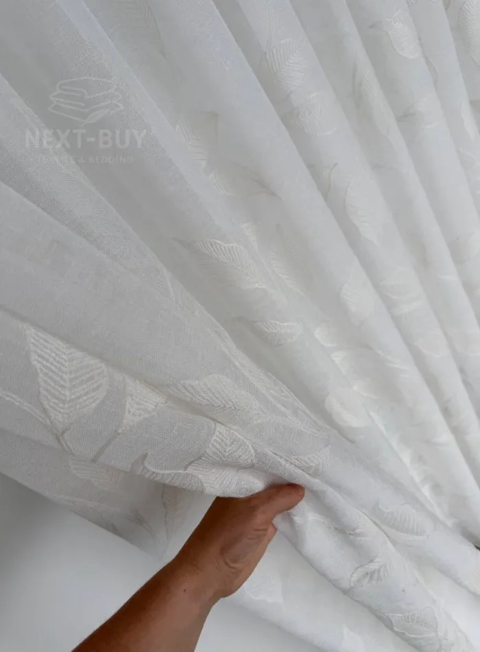 Турецький тюль-льон з вишивкою White Botanical Branch, білий, висота 3 м,  арт. 869 - Зображення 12