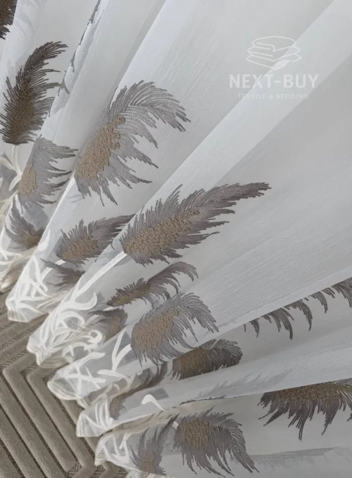 Турецький тюль креп-бамбук із вишивкою очерету Silver Feather Reed, білий, арт. 856 - Зображення 4