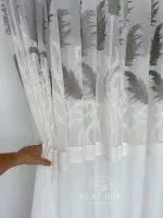 Турецький тюль льон / бамбук Silver Feather білий із сіро-коричневою вишивкою , арт. 855 - Зображення 2