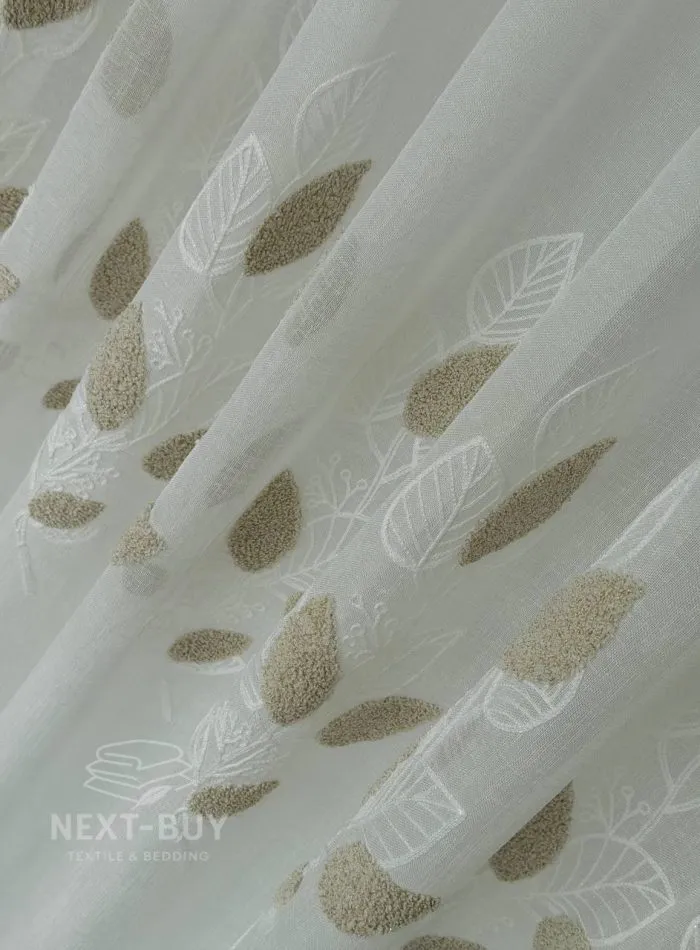 Тюль турецький білий льон з 3D-вишивкою Beige Leaf Garden, біло-бежевий, арт. 863 - Зображення 2