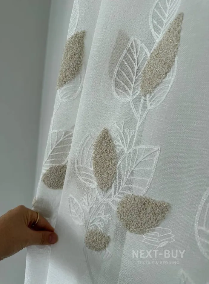 Тюль турецький білий льон з 3D-вишивкою Beige Leaf Garden, біло-бежевий, арт. 863 - Зображення 3