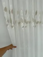 Тюль турецький білий льон з 3D-вишивкою Beige Leaf Garden, біло-бежевий, арт. 863 - Зображення 4