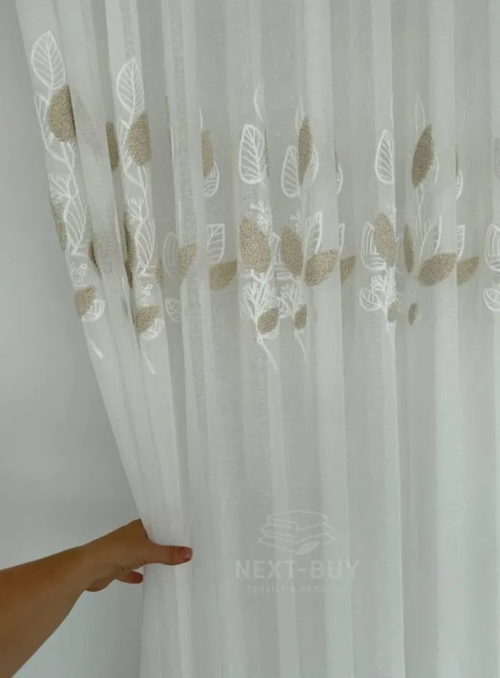 Тюль турецький білий льон з 3D-вишивкою Beige Leaf Garden, біло-бежевий, арт. 863 - Зображення 4