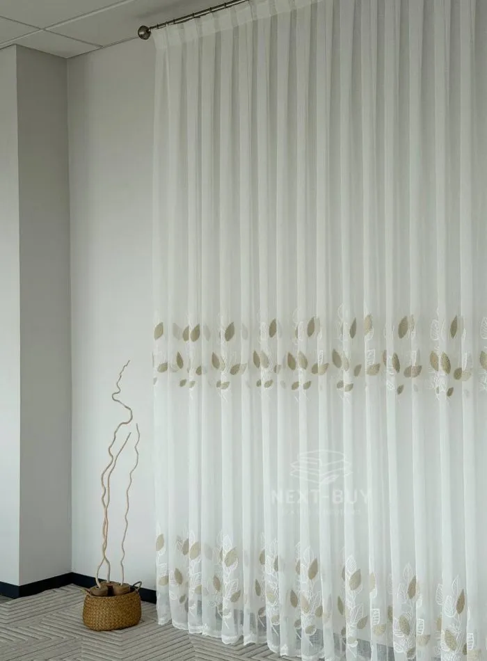 Тюль турецький білий льон з 3D-вишивкою Beige Leaf Garden, біло-бежевий, арт. 863 - Зображення 6