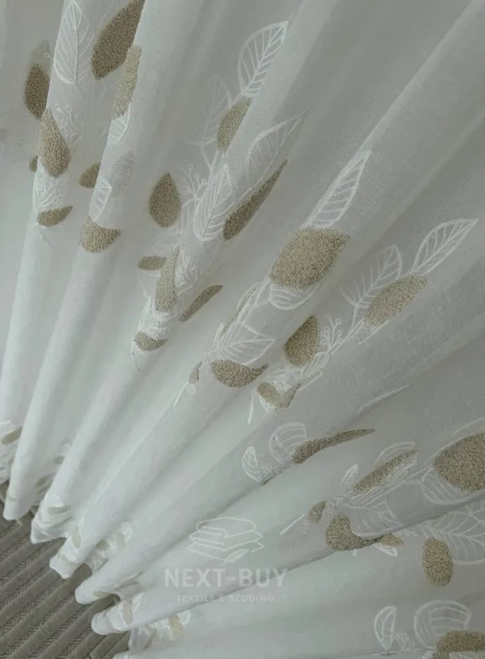 Тюль турецький білий льон з 3D-вишивкою Beige Leaf Garden, біло-бежевий, арт. 863 - Зображення 7